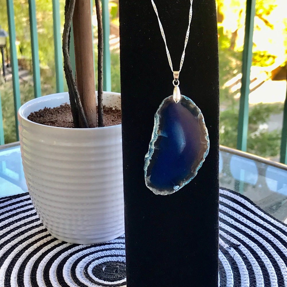 Large sliced Blue Geode Stone Pendant Necklace
